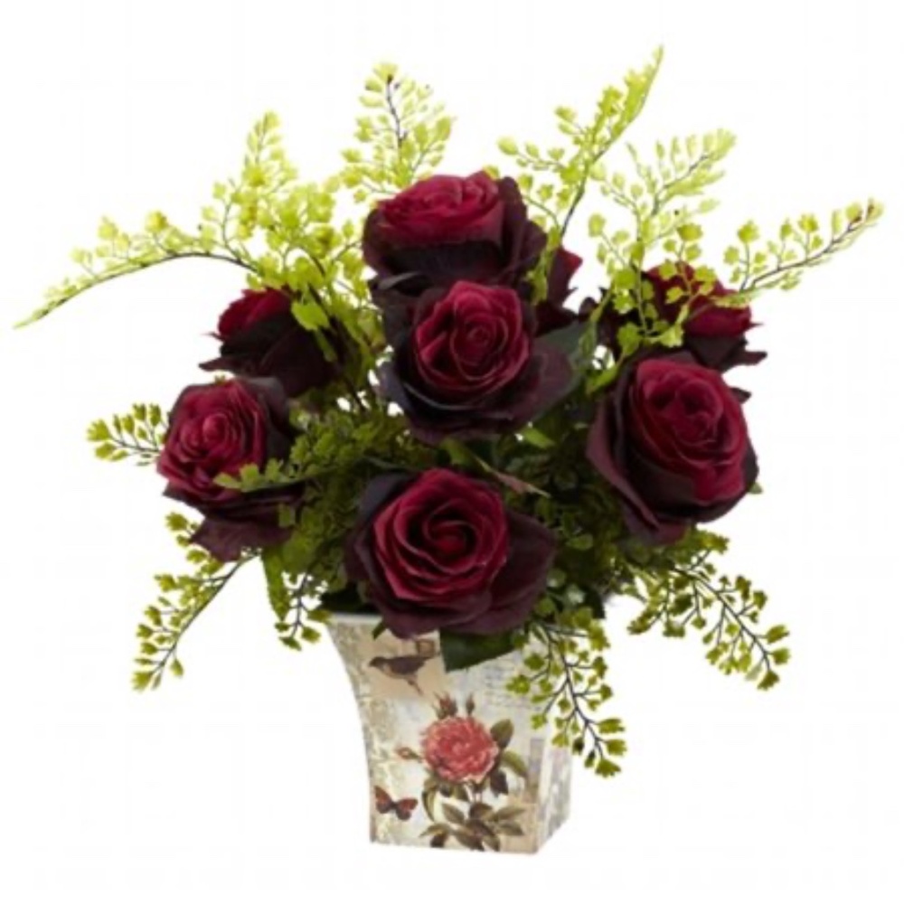 Nearly Natural Rose & Maidenhair Arrangement – Burgundy NWT
